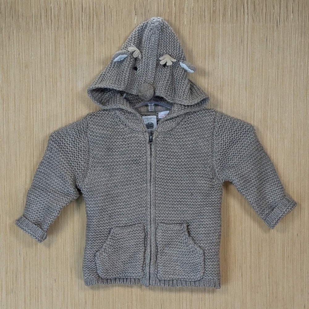Zara Baby Kids Knit Hooded Reindeer Zip Up Sweater Jacket 18 24 Months Taupe